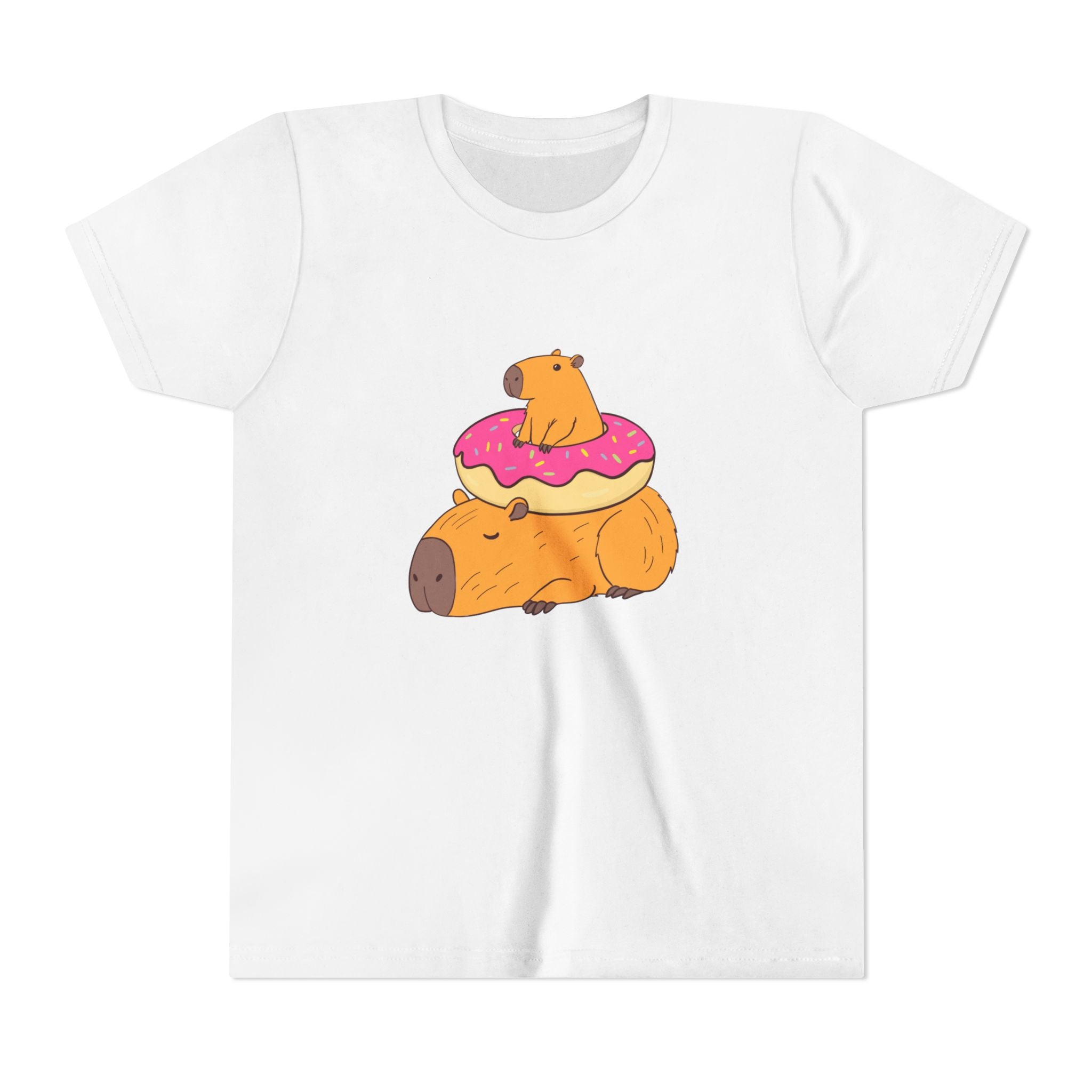 Capy Life white youth t-shirt featuring a cute graphic of two capybaras and a pink frosted donut