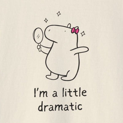 Capy Life boxy tee graphic featuring a cute capybara with a pink bow holding a mirror and the text I am a little dramatic