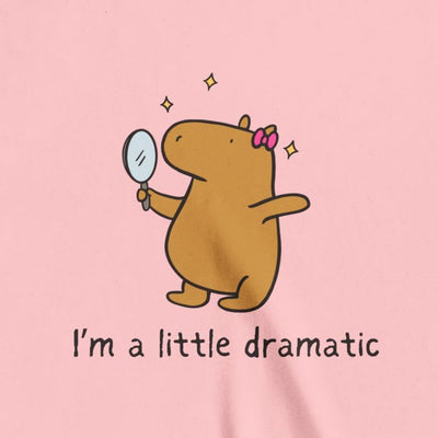 Capy Life youth tee featuring a cute capybara with a pink bow holding a mirror with sparkles and text I am a little dramatic