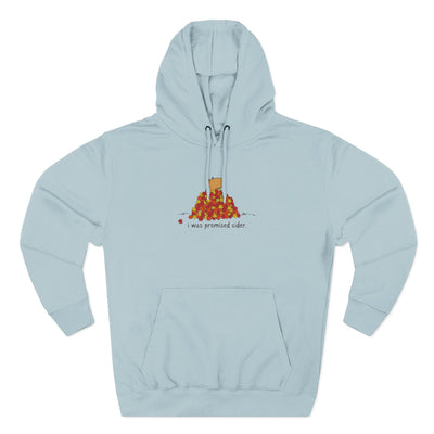 Capy Life light blue fleece hoodie featuring a capybara in autumn leaves with the text I was promised cider.