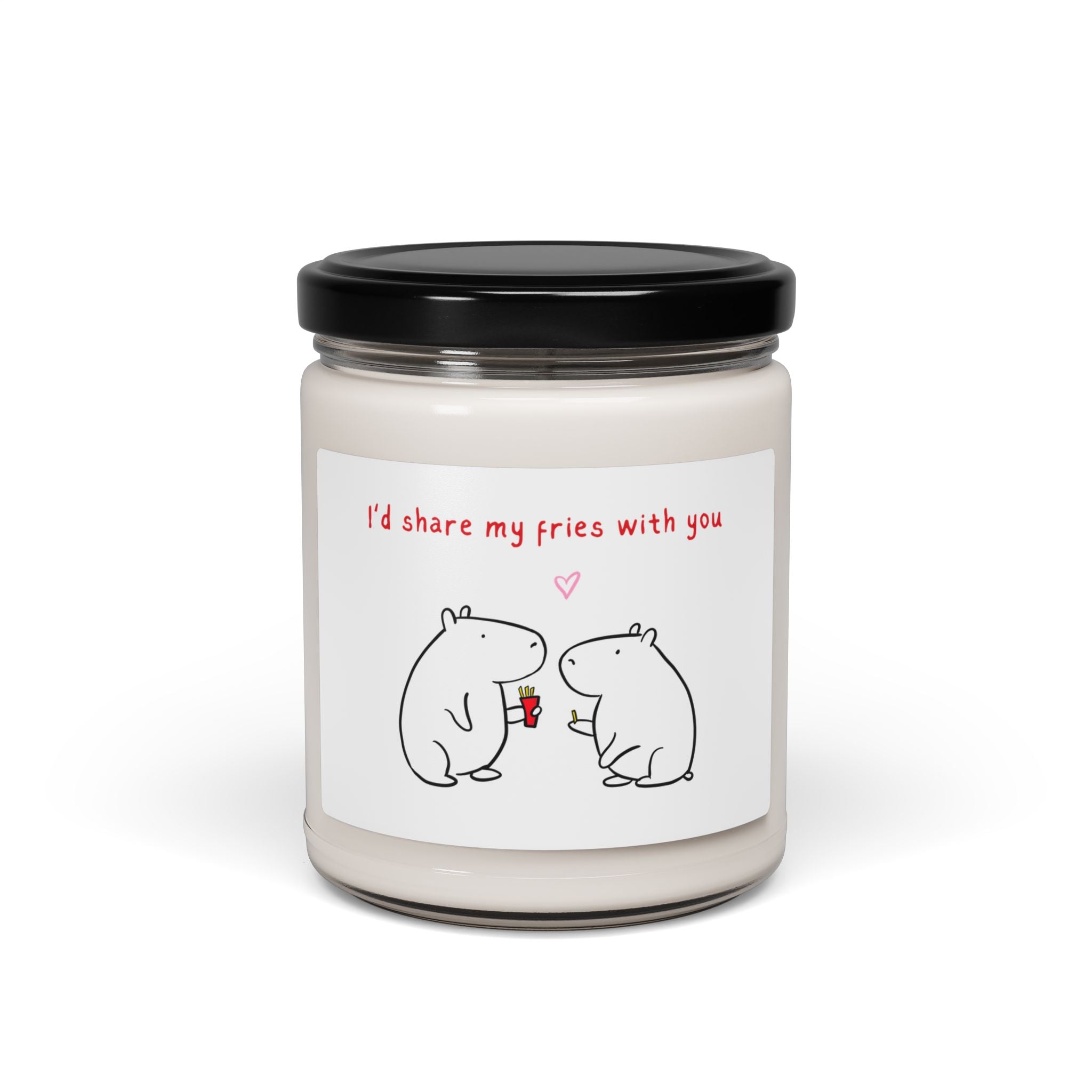 Capy Life 9oz clean cotton scent soy candle in a glass jar with a label featuring two cute capybaras sharing fries and a heart.