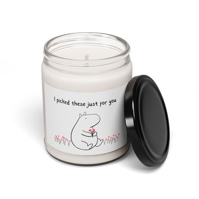 Capy Life soy wax candle in a glass jar with a cute capybara illustration and the text I picked these just for you