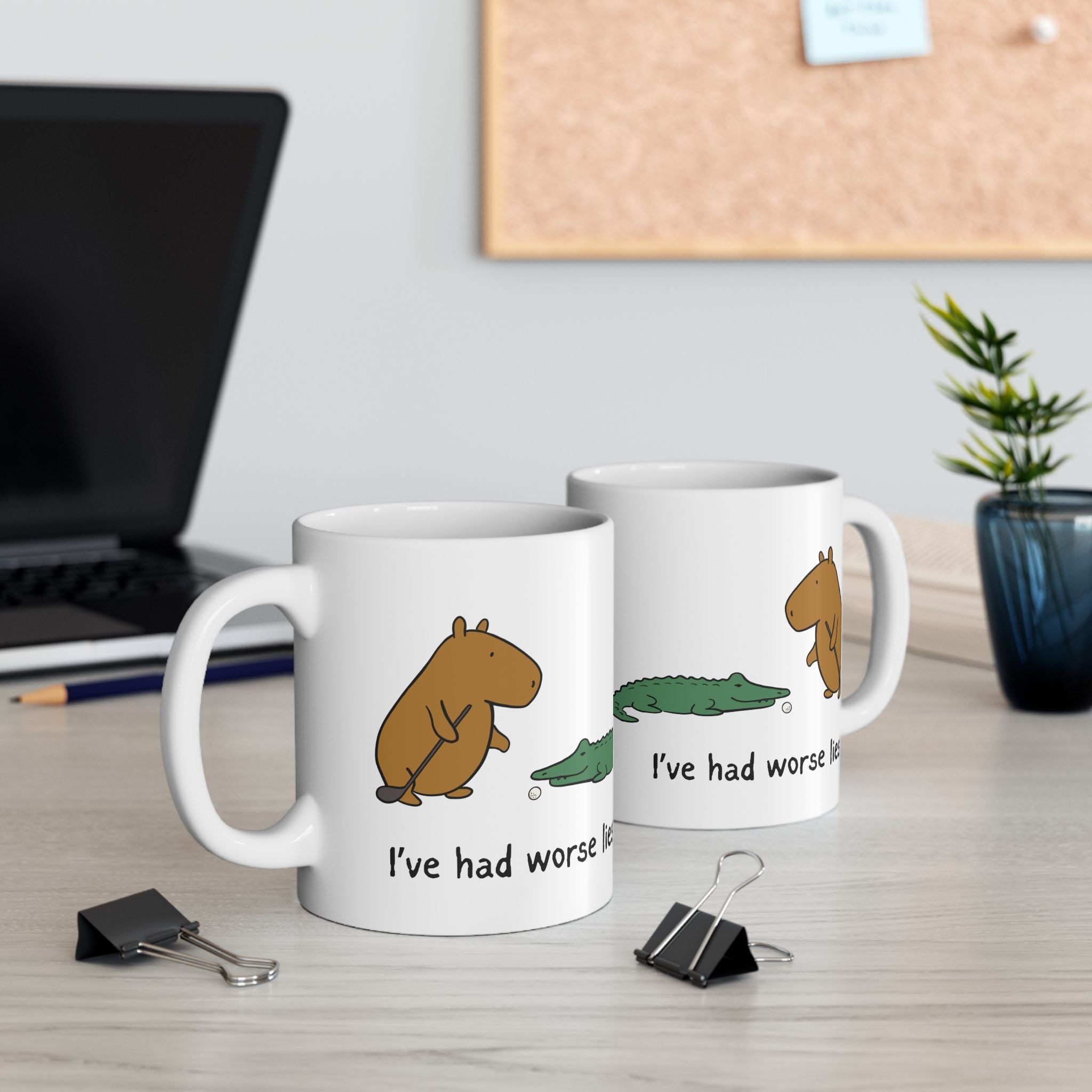 Capy Life white ceramic coffee mug featuring a capybara and alligator golf illustration with I've had worse lies text.