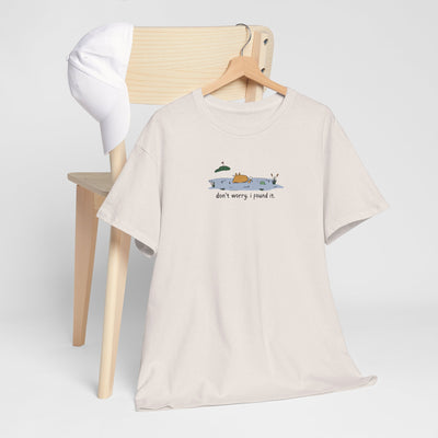 Capy Life heavy cotton t-shirt in cream featuring a capybara in a water hazard with the text don’t worry. i found it.