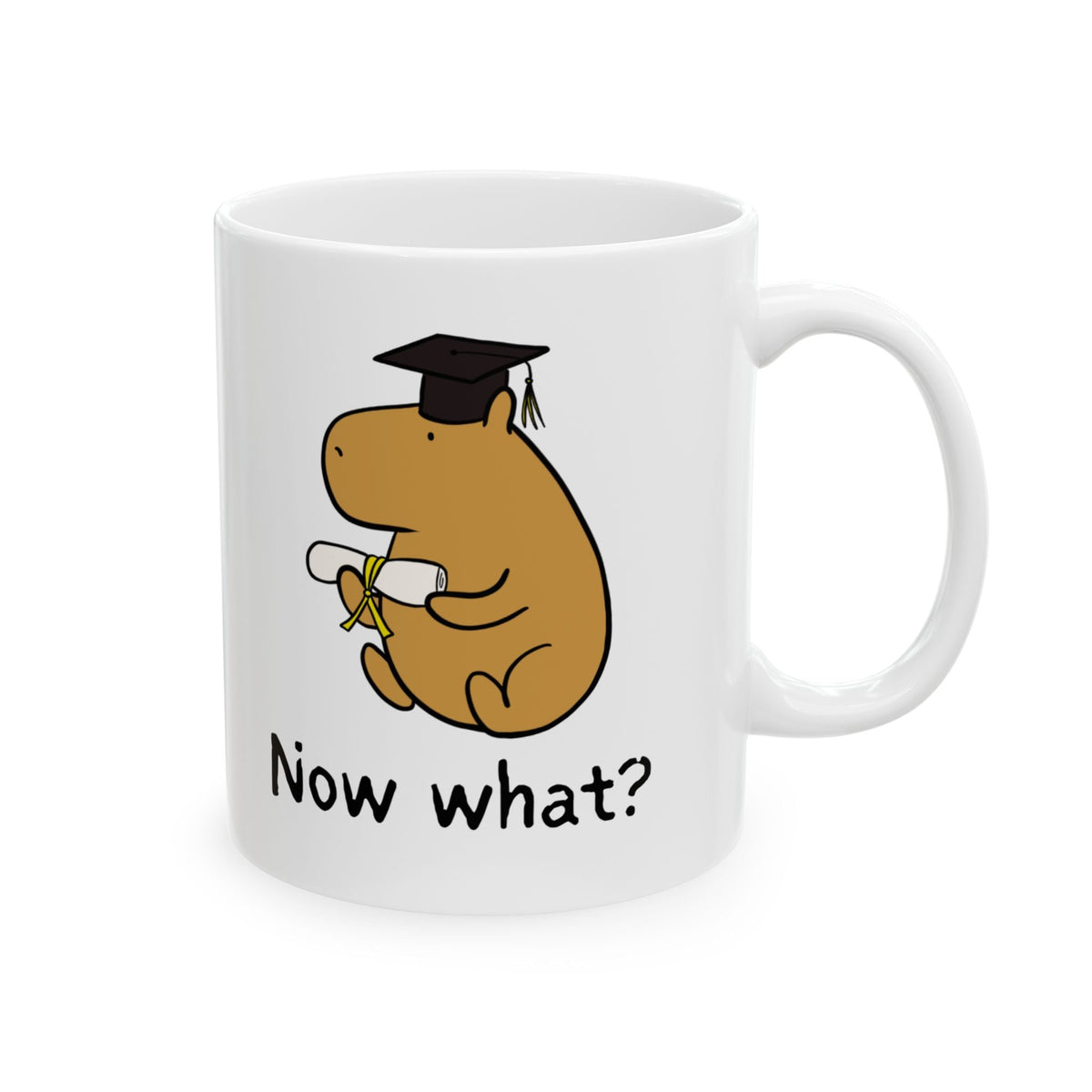 Capy Life white ceramic coffee mug featuring a capybara wearing a graduation cap and holding a diploma with text Now what?