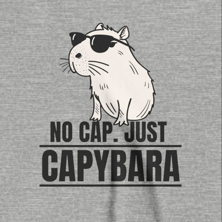 Capy Life youth tee featuring a graphic of a cool capybara wearing sunglasses with the text No Cap. Just Capybara.