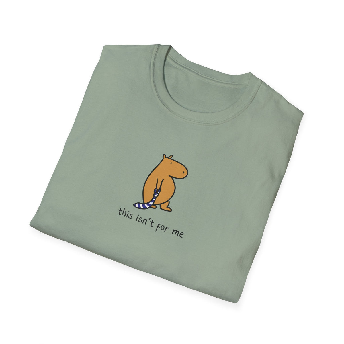 Capy Life sage green heavyweight cotton t-shirt featuring a hand-drawn capybara holding a striped tie with text.