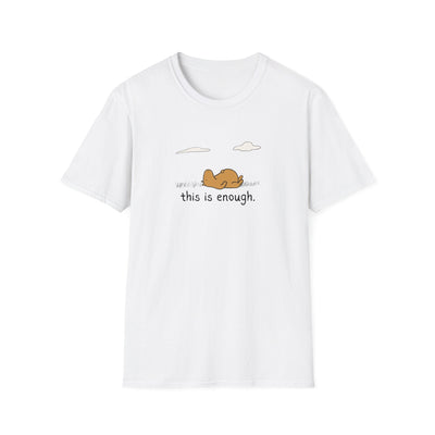 Capy Life white softstyle t-shirt featuring a hand-drawn capybara lying in the grass with the text This Is Enough