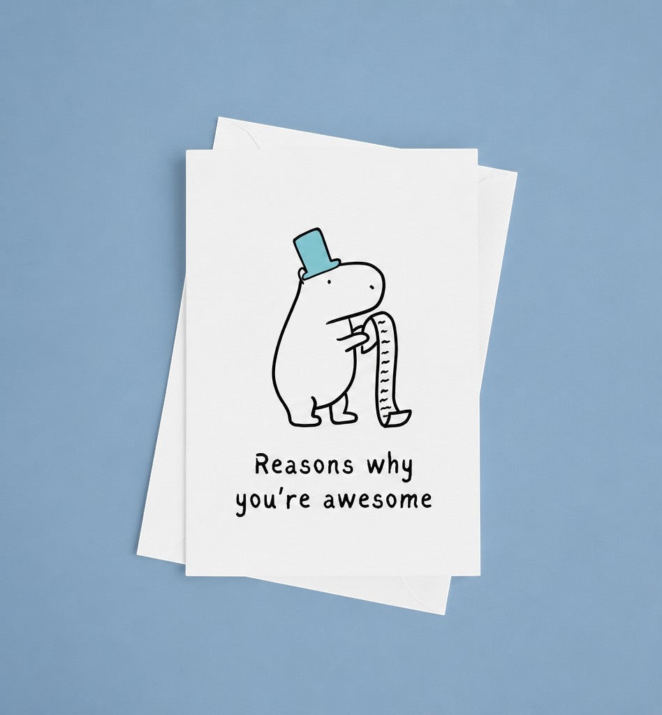 Capy Life greeting card featuring a cute capybara in a blue top hat holding a long list of reasons why you are awesome.