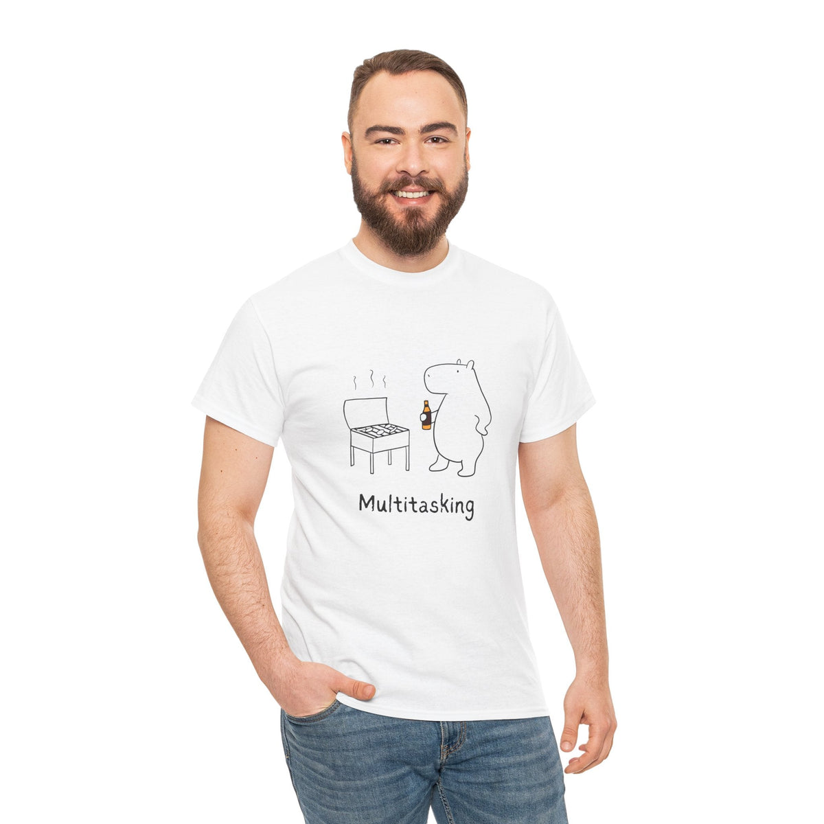 Capy Life white heavy cotton t-shirt featuring a minimalist capybara grilling illustration and Multitasking text.