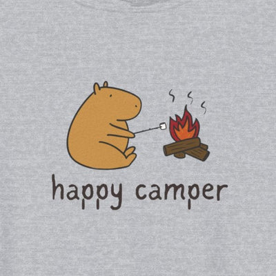 Capy Life kids hoodie graphic featuring Gene the capybara roasting a marshmallow over a campfire with happy camper text