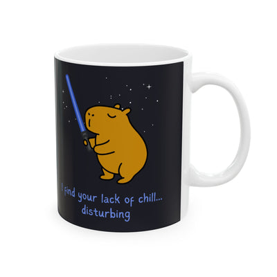 Capy Life coffee mug featuring a capybara holding a blue glowing saber against a starry sky with funny text.