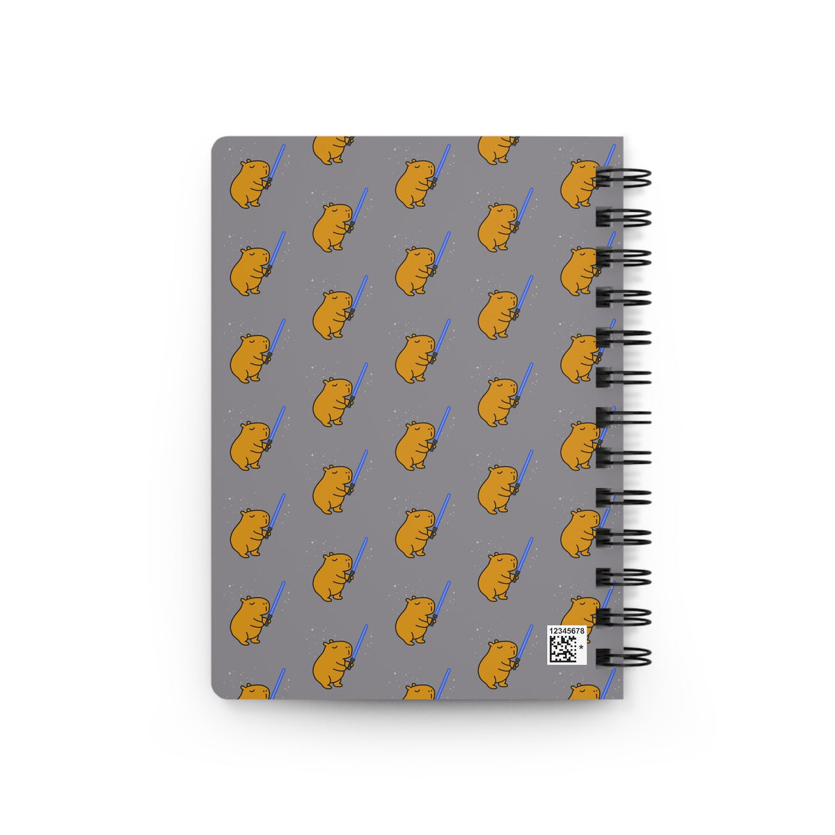 Capy Life spiral notebook featuring a repeating pattern of a chill capybara wielding a blue lightsaber on grey.