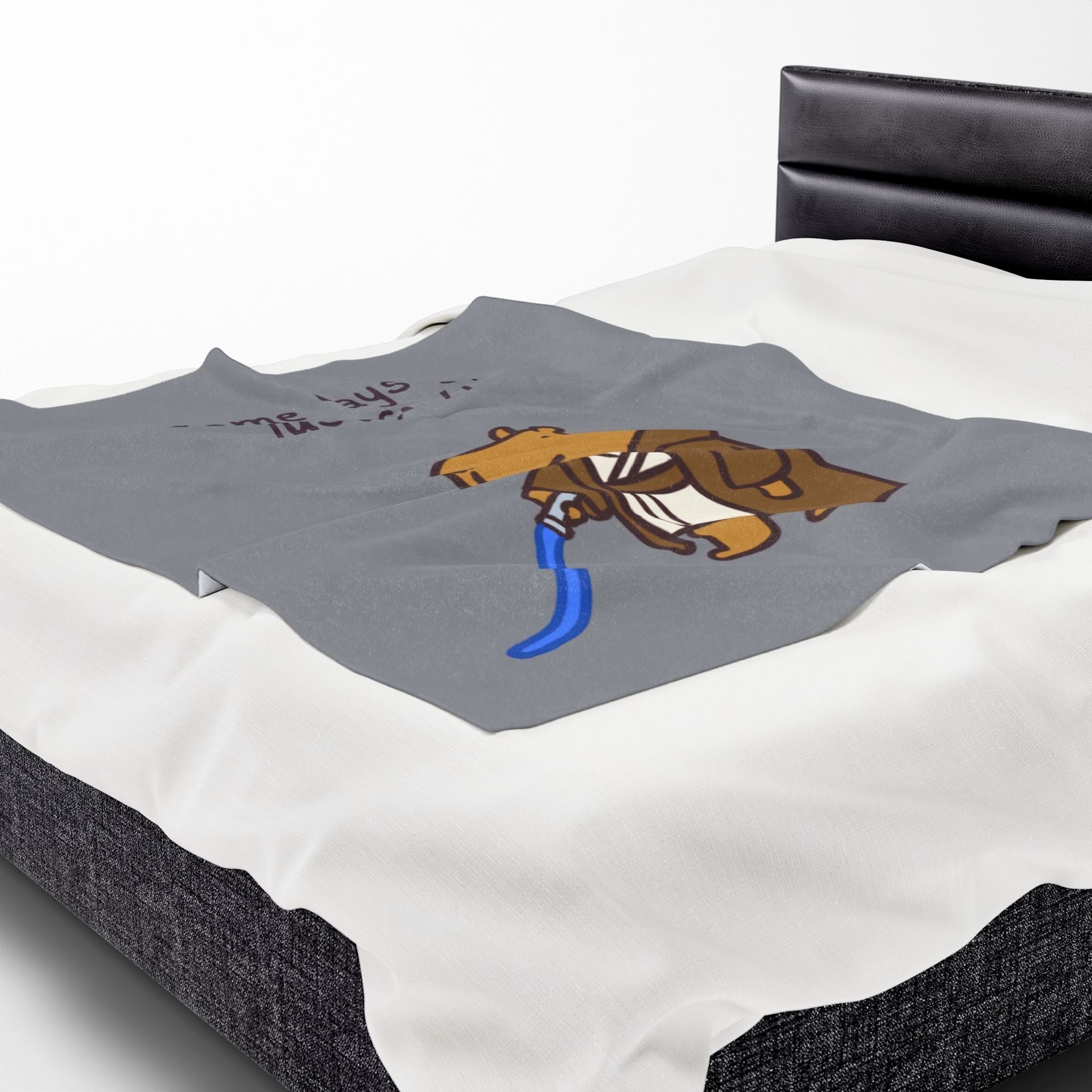 Capy Life velveteen plush blanket featuring a tired capybara Jedi illustration on a grey background on a bed.