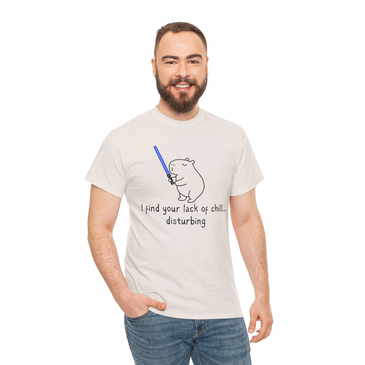 Capy Life white t-shirt featuring a hand-drawn capybara holding a blue lightsaber with funny Star Wars themed text.