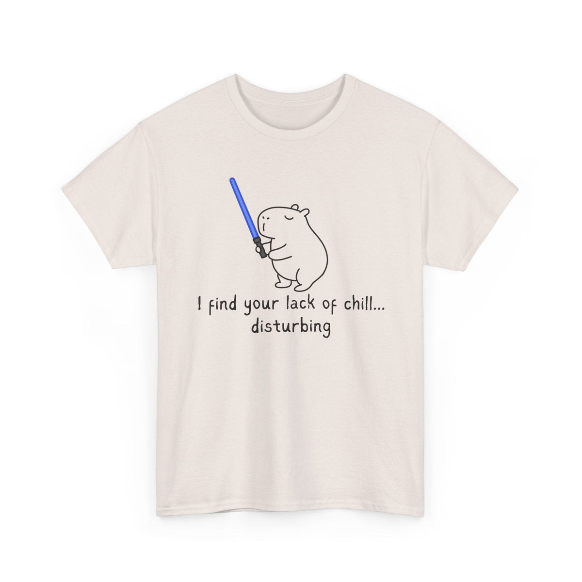 Capy Life cream cotton t-shirt featuring a hand-drawn capybara holding a blue lightsaber with funny Star Wars text.