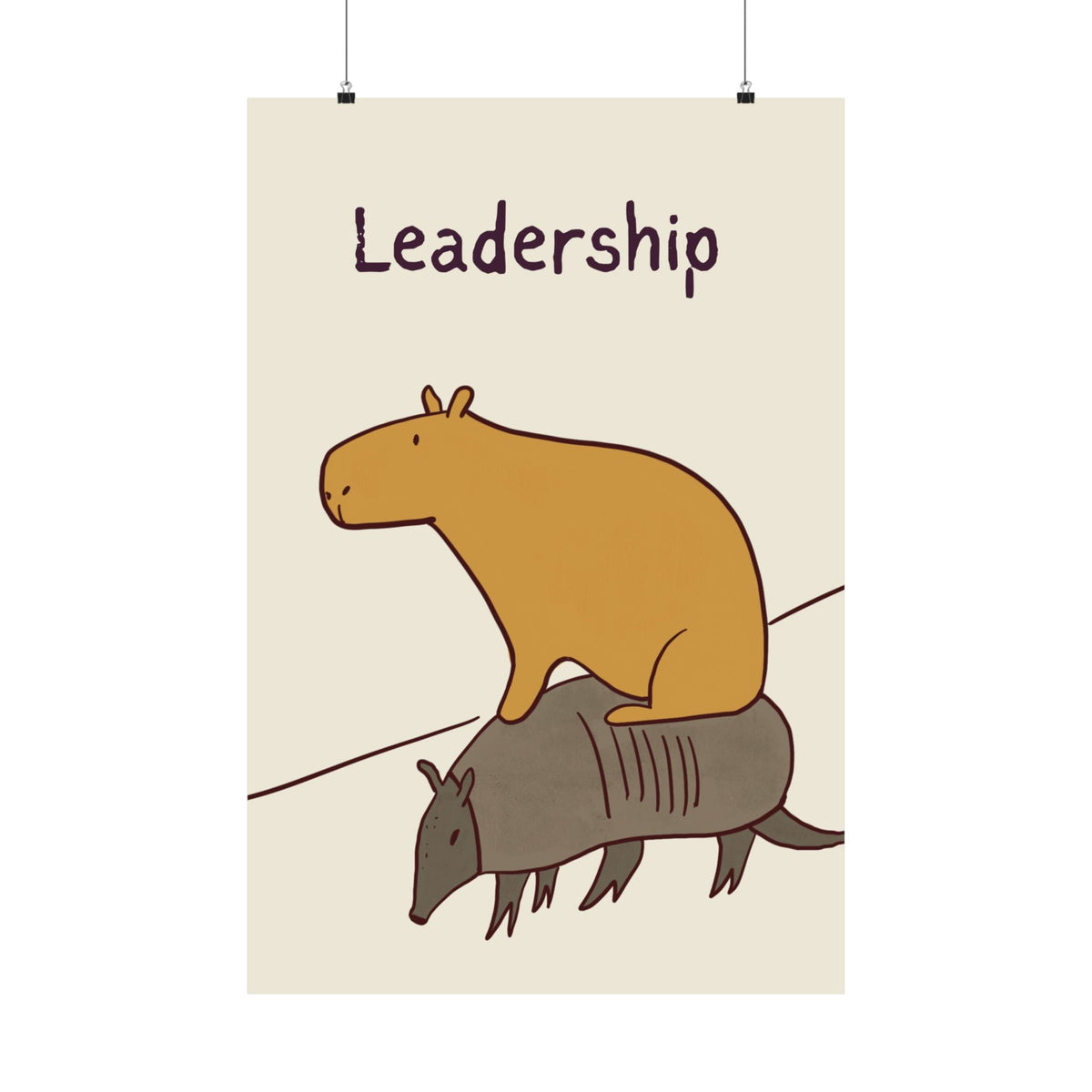 Capy Life minimalist wall art print featuring a brown capybara sitting on an armadillo with the word Leadership