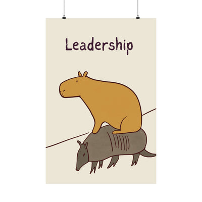 Capy Life minimalist wall art print featuring a brown capybara sitting on an armadillo with the word Leadership