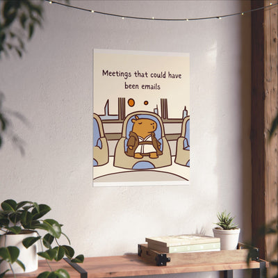 Capy Life wall art print featuring a Jedi capybara in a meeting, displayed on a white wall above a wooden desk.