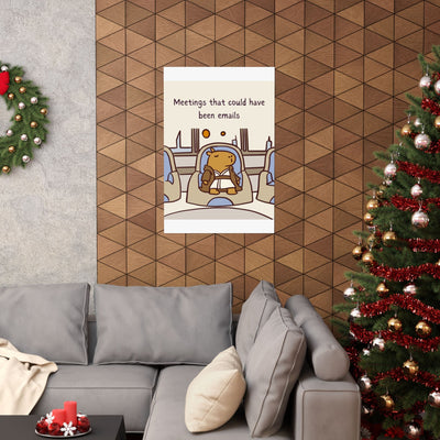 Capy Life wall art featuring a Jedi capybara in a meeting, displayed in a cozy living room with a Christmas tree.