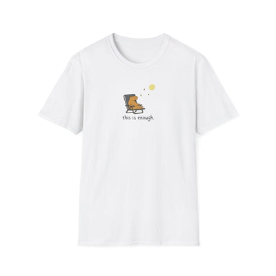Capy Life white softstyle t-shirt featuring a hand-drawn capybara relaxing in a chair under the moon with text.
