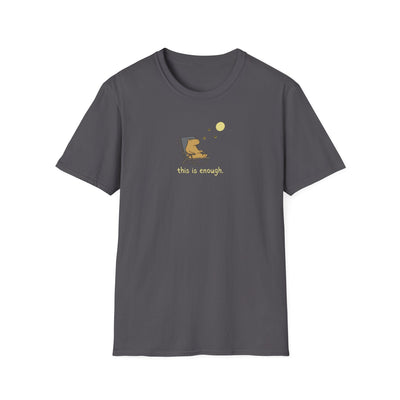 Capy Life softstyle charcoal grey t-shirt featuring a hand-drawn capybara relaxing in a chair under a full moon.