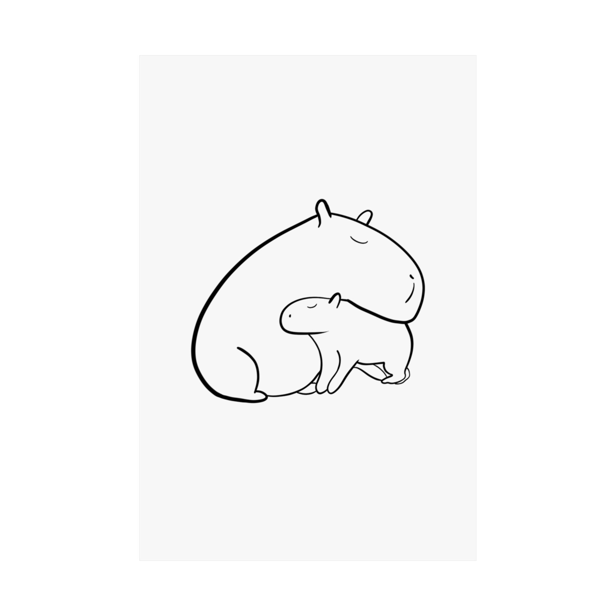 Capy Life minimalist black line art print of a parent and baby capybara cuddling on a neutral background