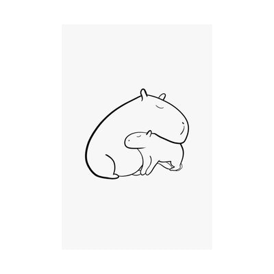 Capy Life minimalist black line art print of a parent and baby capybara cuddling on a neutral background