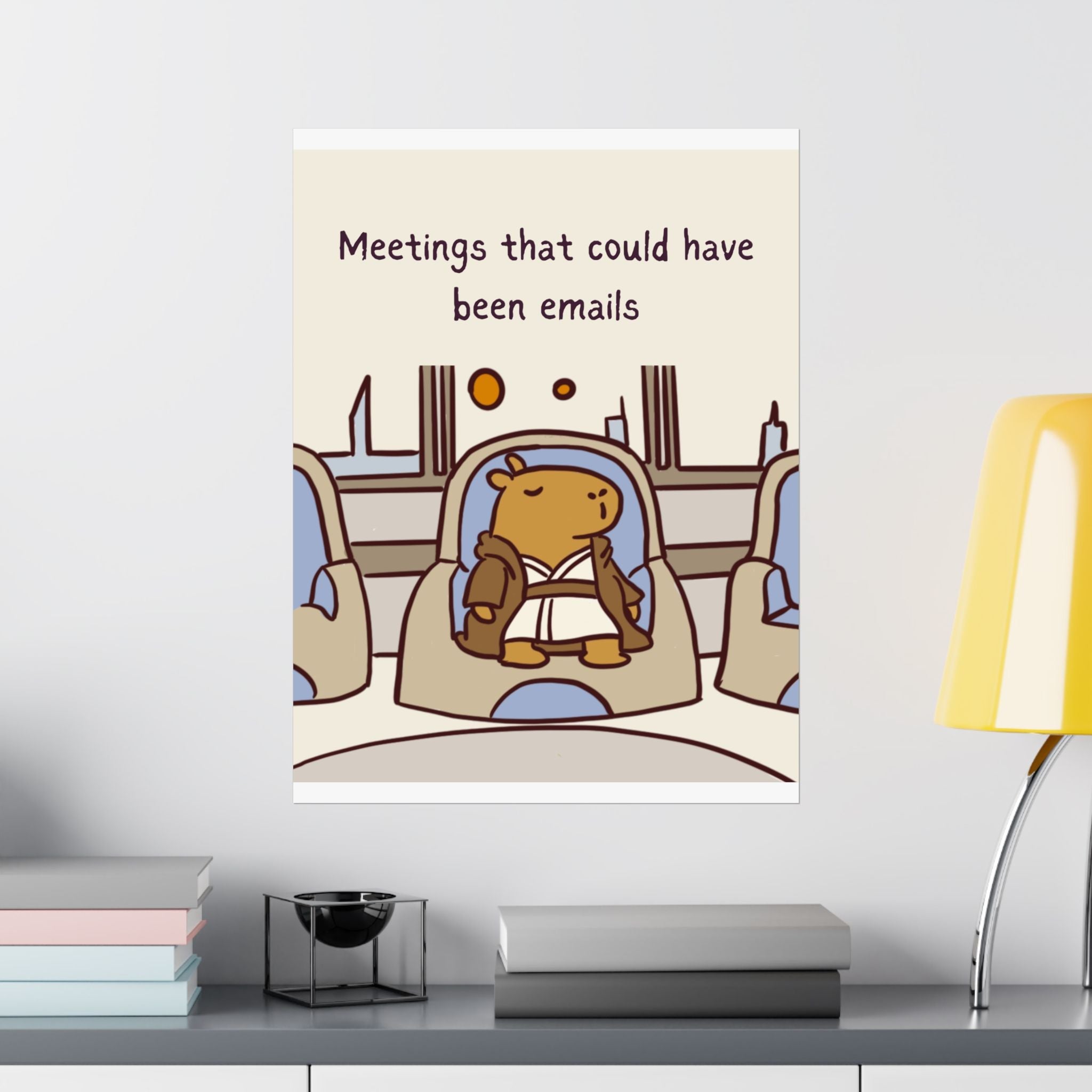 Capy Life wall art print featuring a minimalist Jedi capybara sitting in a meeting, with neutral tones.
