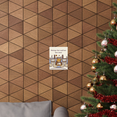 Capy Life wall art print featuring a Jedi capybara in a meeting, displayed on a geometric wood-paneled wall.