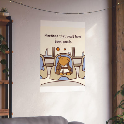 Capy Life wall art print featuring a Jedi capybara in a meeting, hanging on a white office wall.