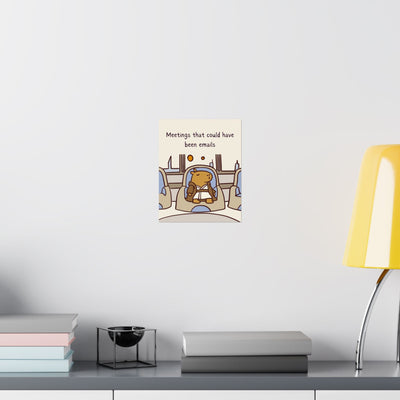 Capy Life wall art print featuring a minimalist Jedi capybara sitting in a meeting, displayed on a white office wall.