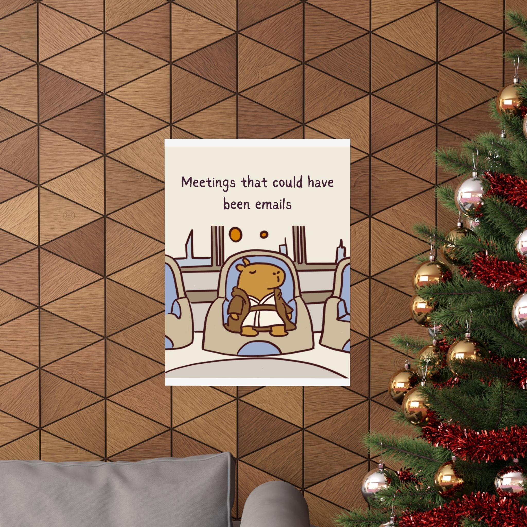 Capy Life wall art print featuring a Jedi capybara in a meeting, displayed on a wood-paneled wall near a Christmas tree.