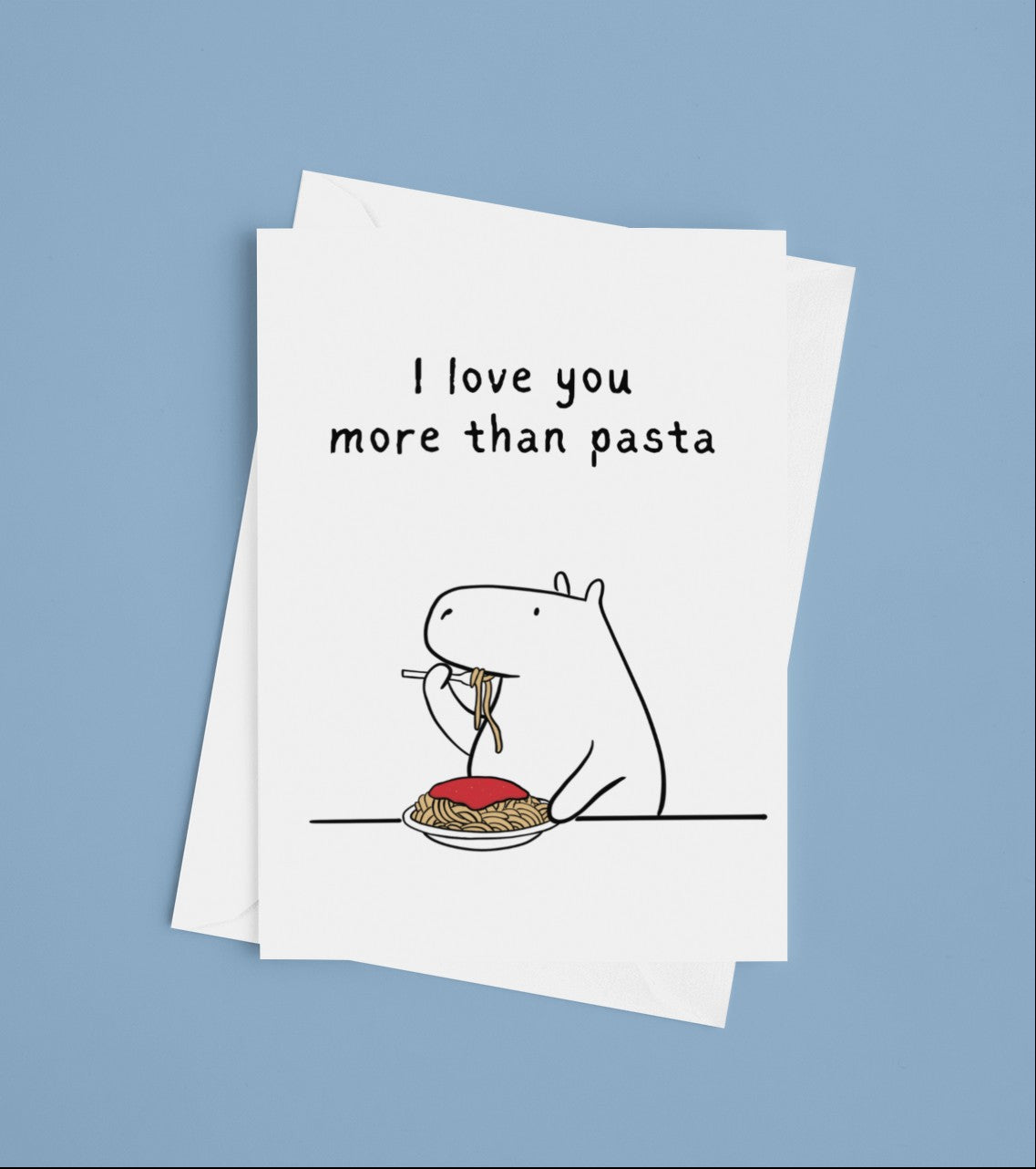 Capy Life printable greeting card featuring a minimalist doodle of a capybara eating spaghetti with text above.