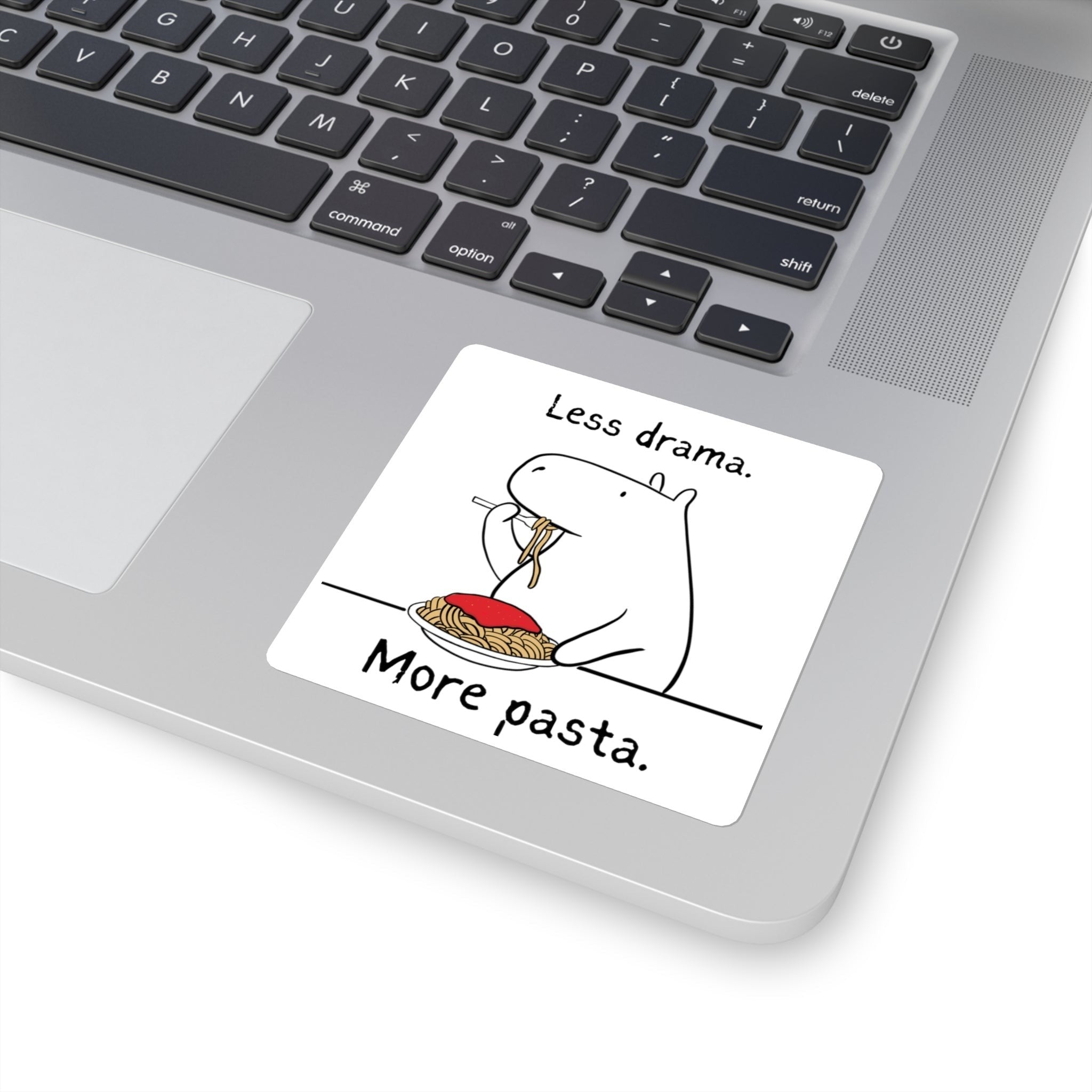 Capy Life vinyl sticker on a laptop featuring a capybara eating spaghetti with the text Less drama More pasta
