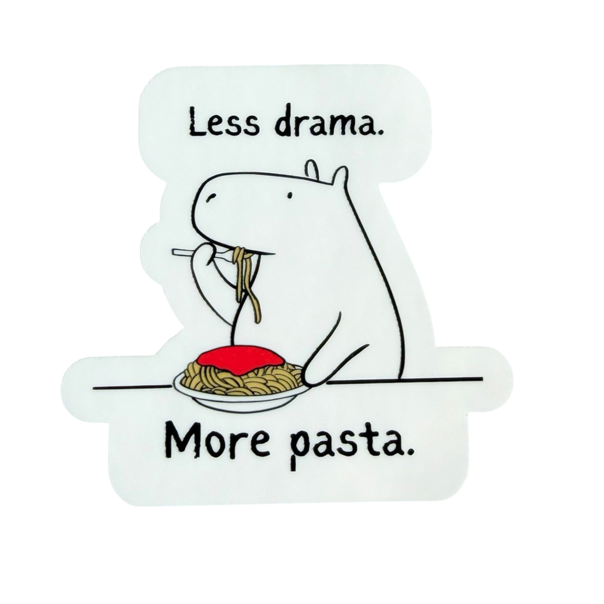 Capy Life die cut vinyl sticker featuring a cute capybara eating spaghetti with the text Less drama More pasta