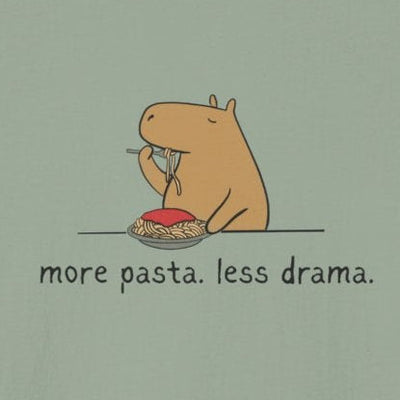 Capy Life minimalist t-shirt featuring a cute capybara eating spaghetti with the text more pasta less drama