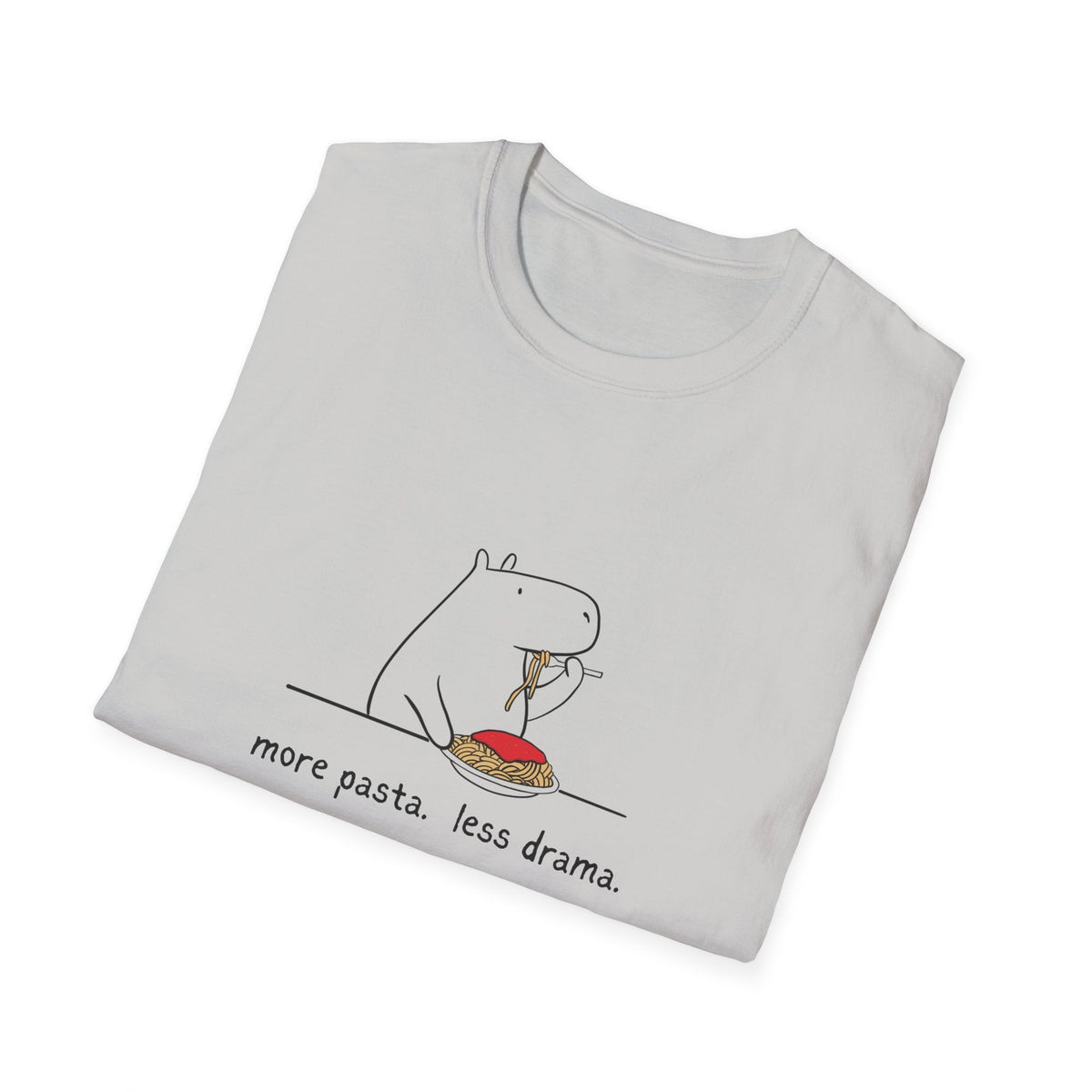 Capy Life white softstyle cotton t-shirt featuring a minimalist doodle of a capybara eating spaghetti with text.
