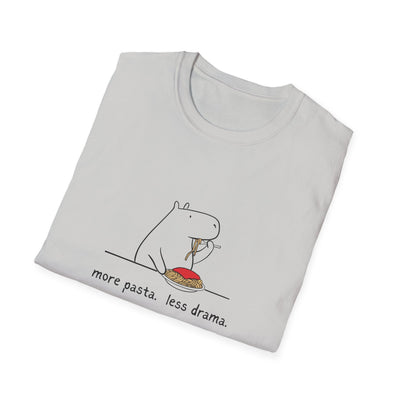 Capy Life white softstyle cotton t-shirt featuring a minimalist doodle of a capybara eating spaghetti with text.