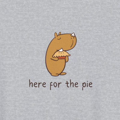 Capy Life kids hoodie featuring a cute illustration of Gene the capybara holding a pie with text here for the pie