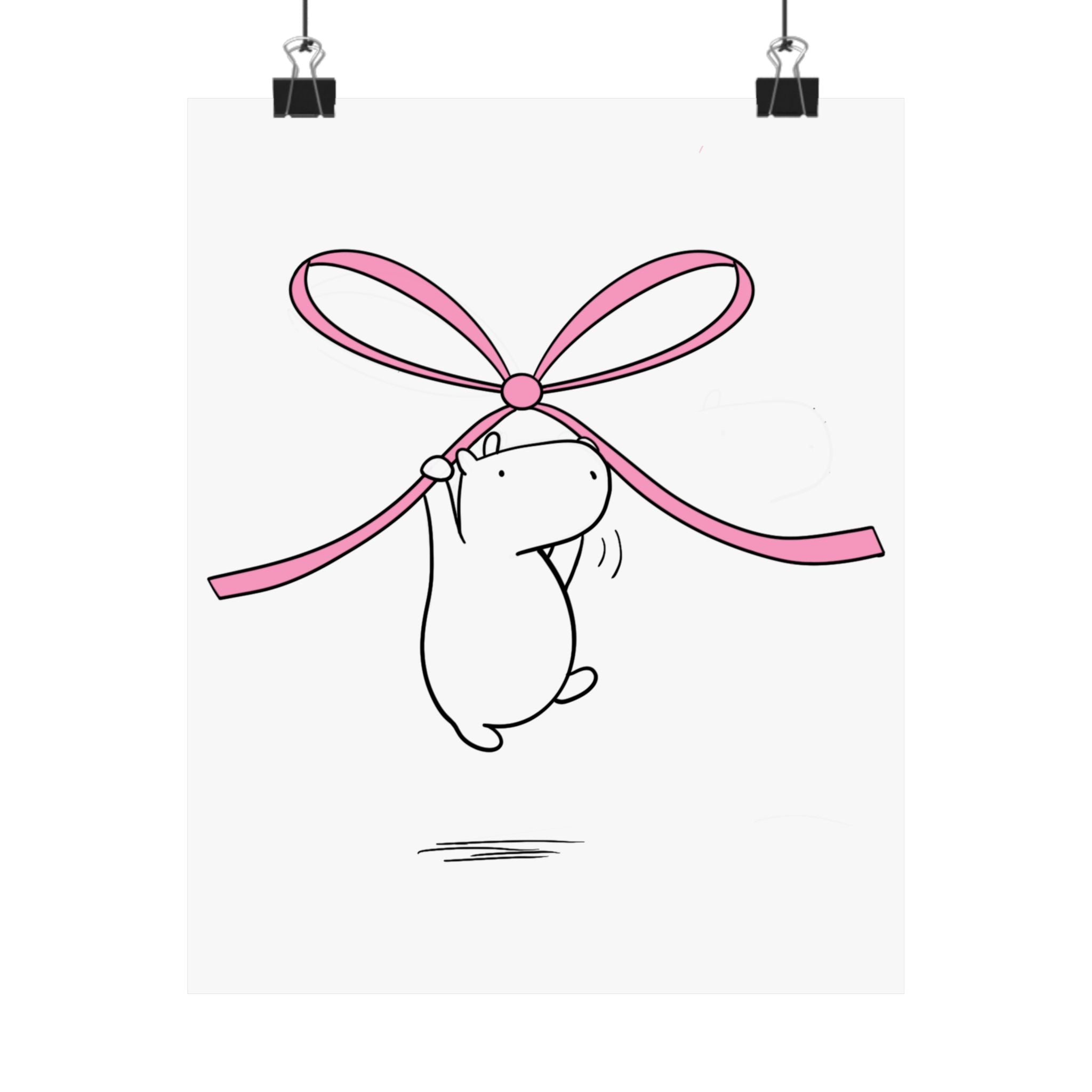 Capy Life minimalist wall art print featuring a cute white capybara floating while holding a large pink bow.