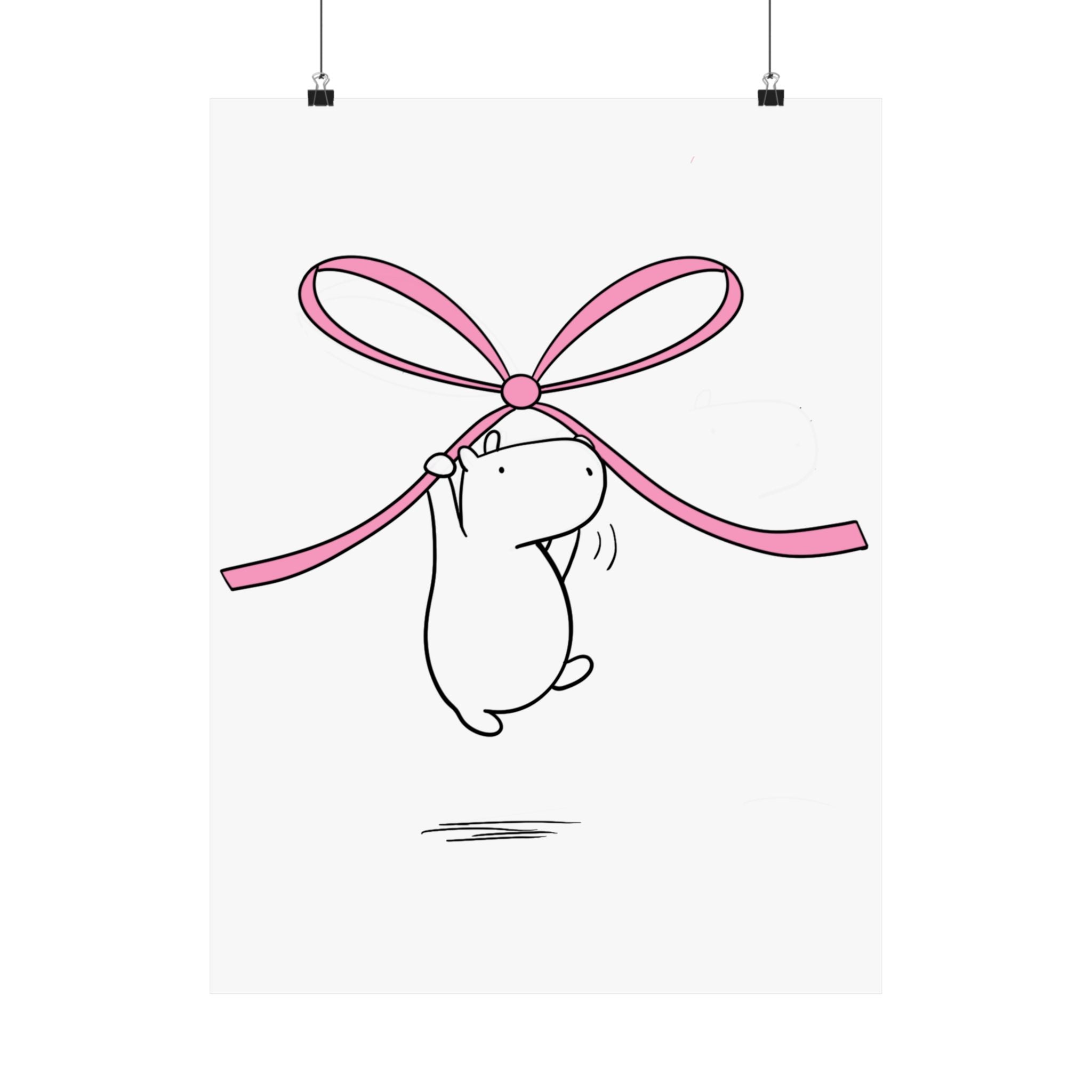 Capy Life nursery wall art print featuring a minimalist hand-drawn capybara floating while holding a large pink bow.
