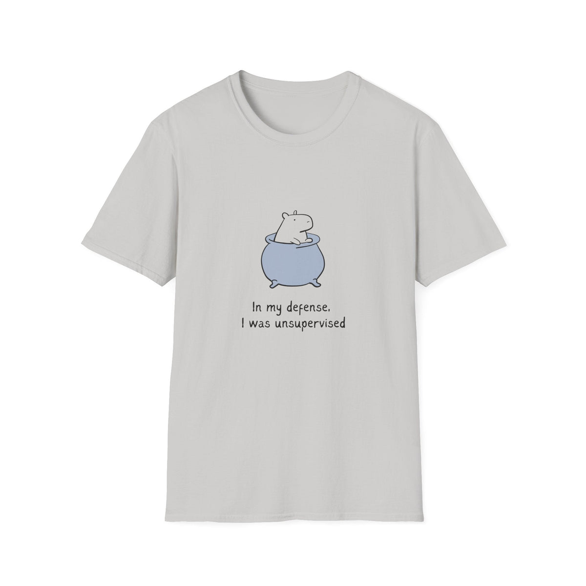 Capy Life light grey softstyle t-shirt featuring a minimalist illustration of a capybara in a pot with funny text.