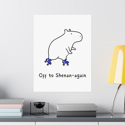 Capy Life minimalist wall art print featuring a hand-drawn capybara on blue roller skates with funny text.