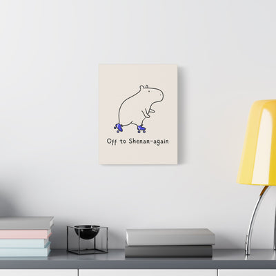 Capy Life Off to Shenan-again canvas wall art featuring a minimalist capybara on roller skates on a tan background.