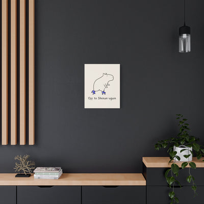 Capy Life Off to Shenan-again canvas art featuring a doodle capybara on roller skates on a tan background in a room.