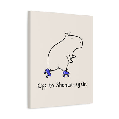 Capy Life Off to Shenan-again canvas wall art featuring a minimalist capybara doodle on roller skates, tan background.