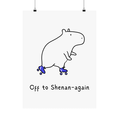 Capy Life minimalist wall art print featuring a hand-drawn capybara on blue roller skates with funny text.