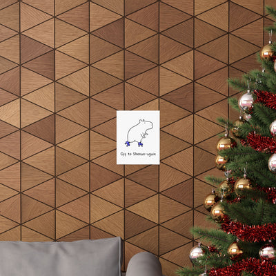 Capy Life wall art print featuring a minimalist capybara on roller skates, displayed on a geometric wood-paneled wall.