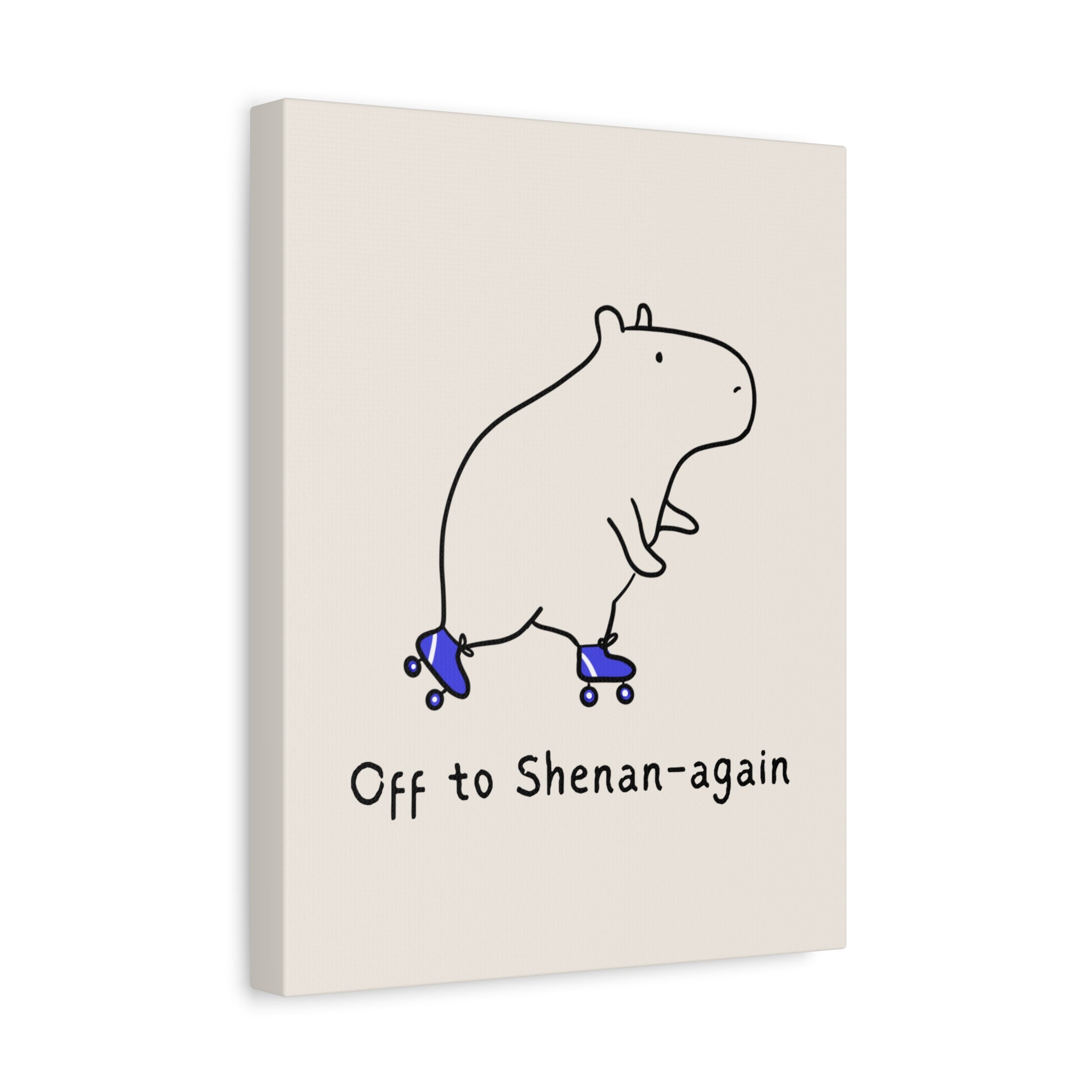 Capy Life canvas wall art featuring a minimalist doodle of a capybara on roller skates on a warm tan background.